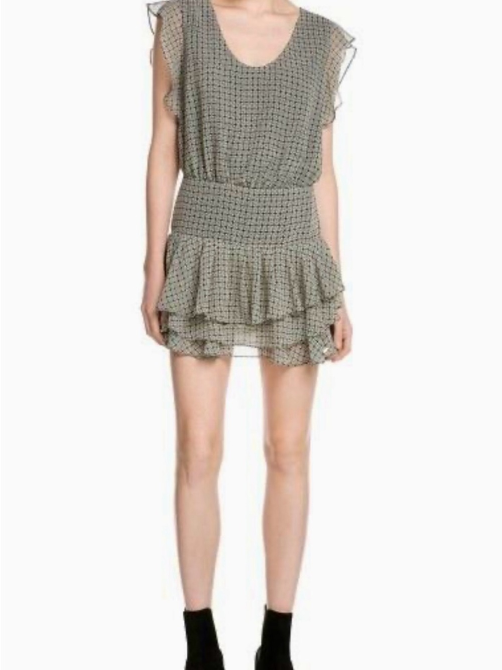 MNG Collection Black White Geometric Ruffle Mini Dress Sleeveless Fit & Flare M